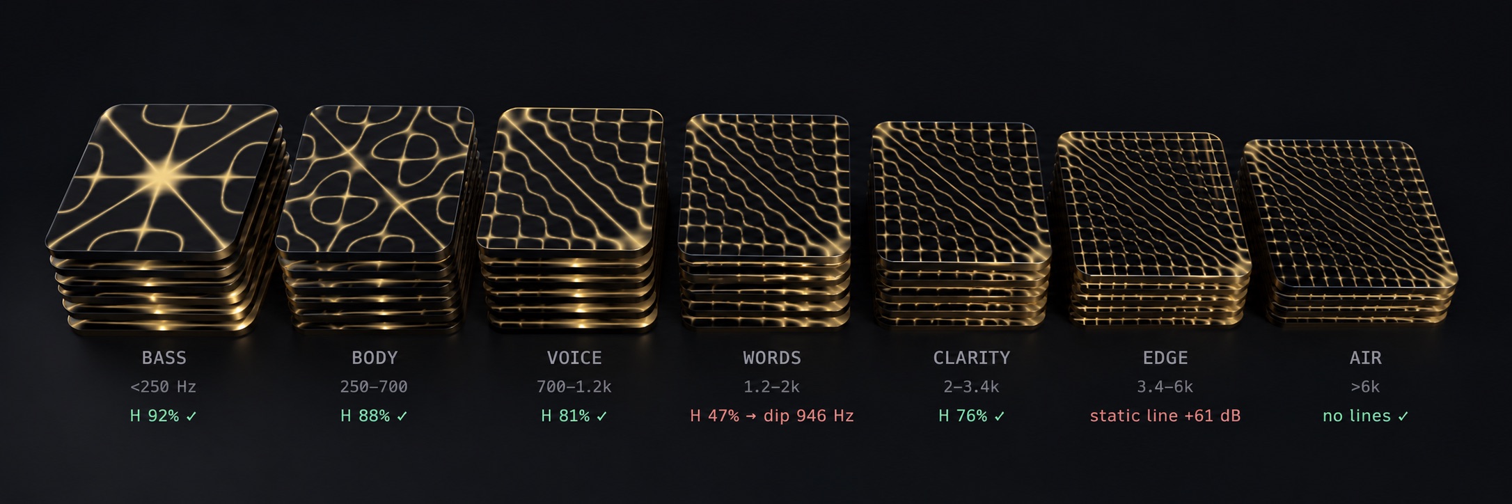 Seven stacked cymatic plates in a row, sparse curves at BASS progressing to fine grids at AIR