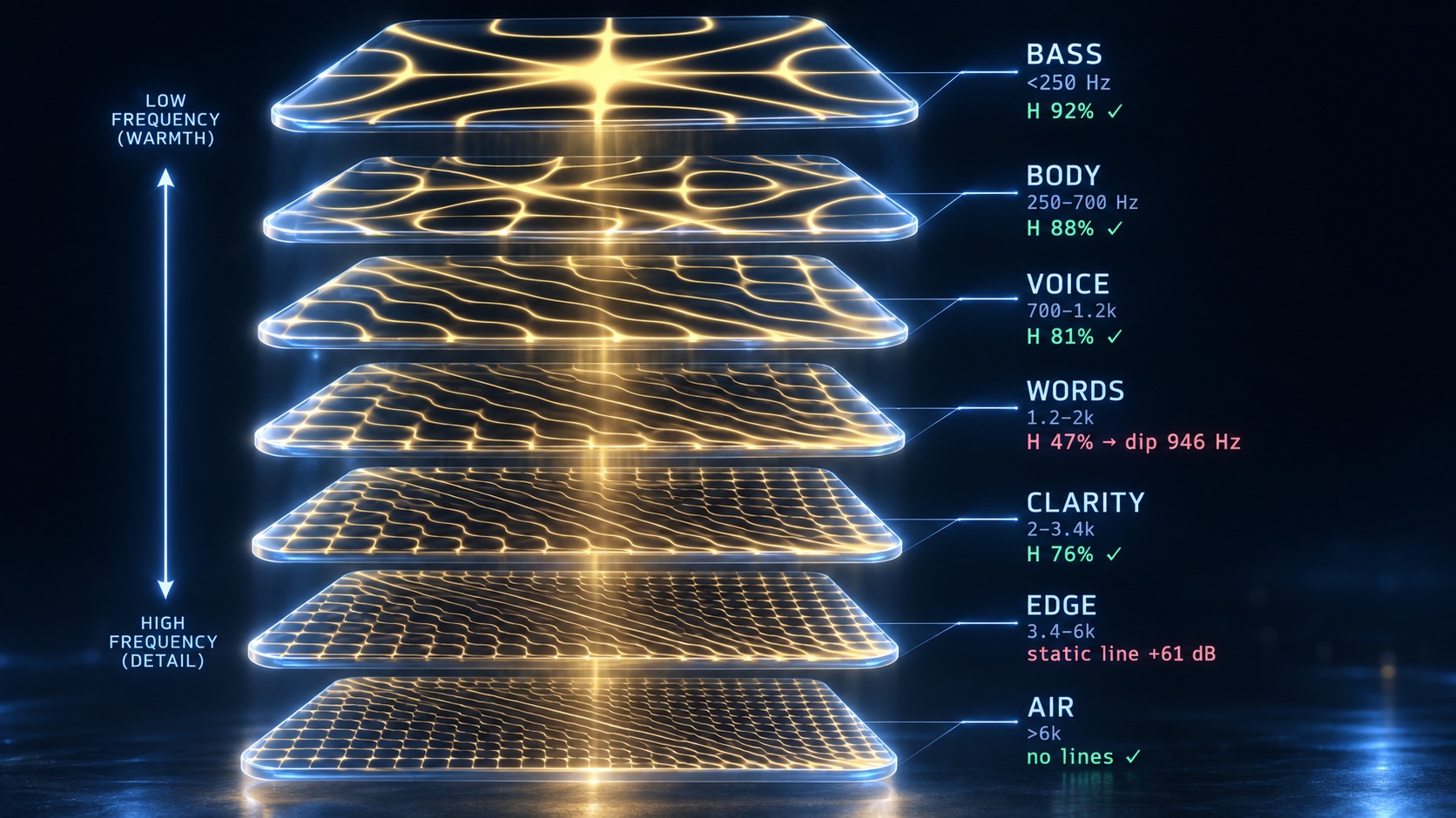 Exploded stack of seven cymatic plates, BASS through AIR, each labeled with its frequency range and harmonicity diagnosis
