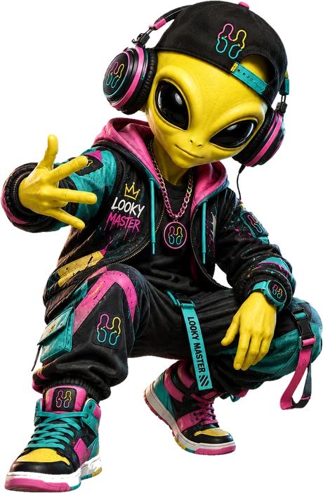 LookyMaster alien mascot in a backwards cap