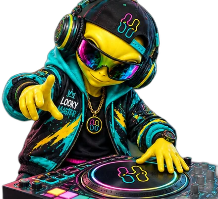 The LookyMaster alien mascot DJing