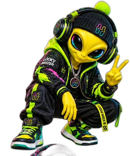 The LookyMaster alien mascot flashing a peace sign