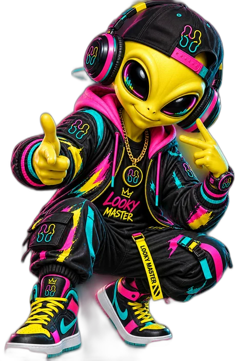 LookyMaster alien mascot pointing at you