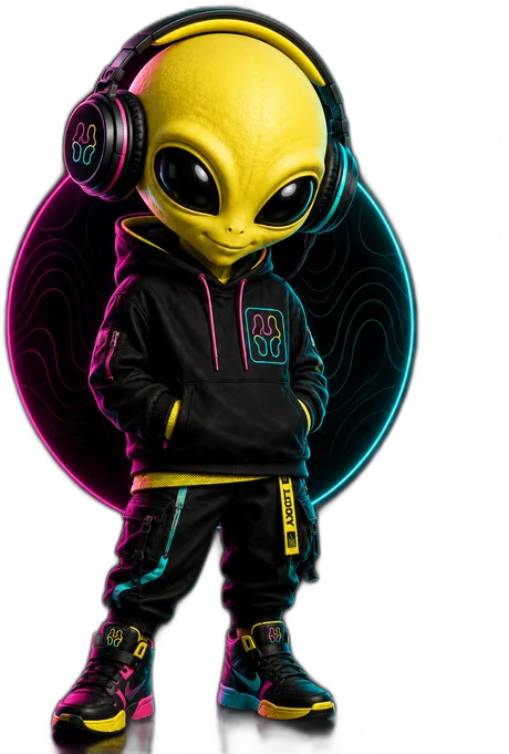 LookyMaster alien mascot in front of a neon ring