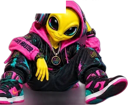 The LookyMaster alien mascot sitting down