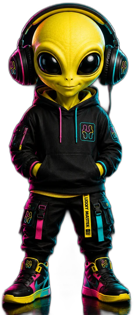LookyMaster alien mascot standing in headphones